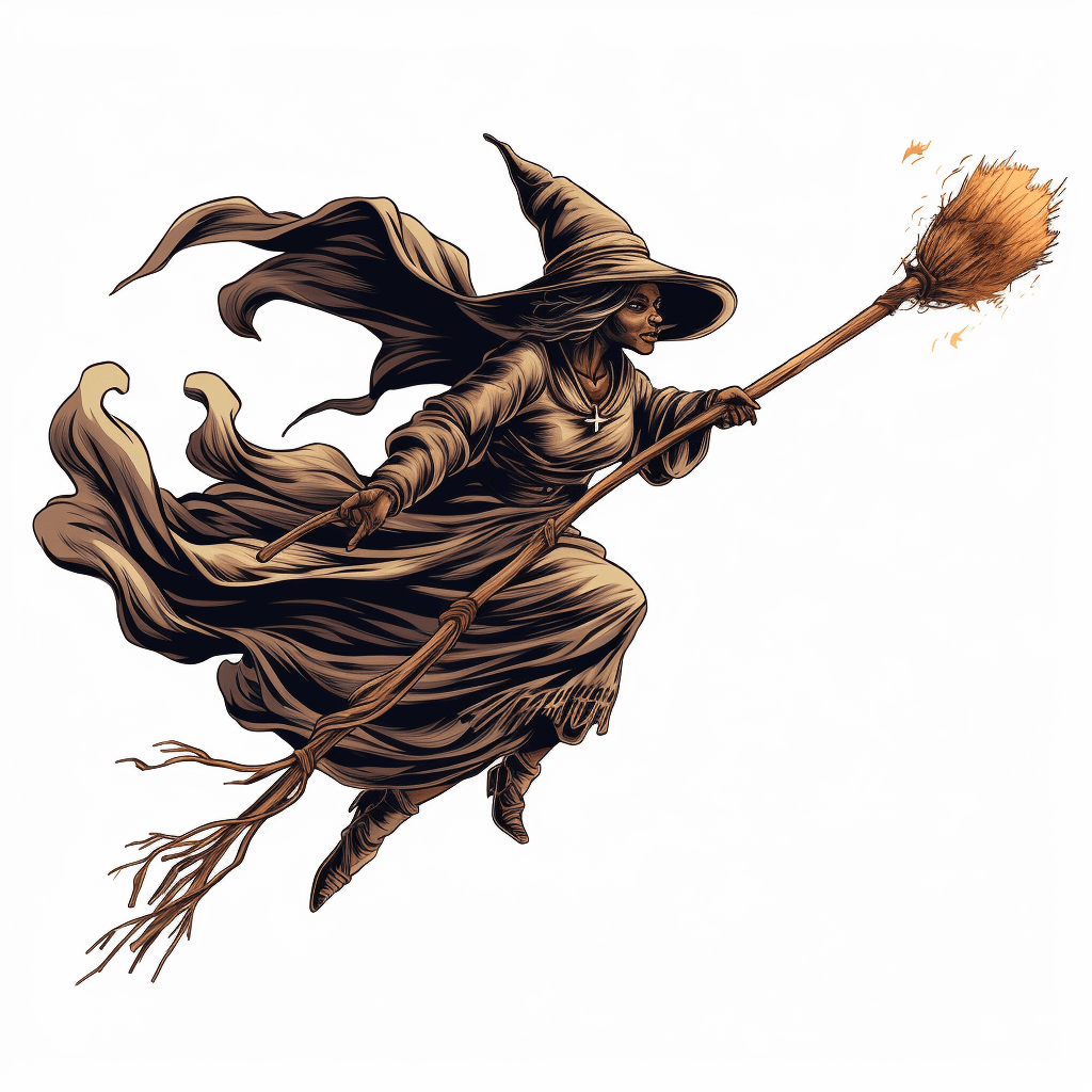 african witch with broomstick white bg