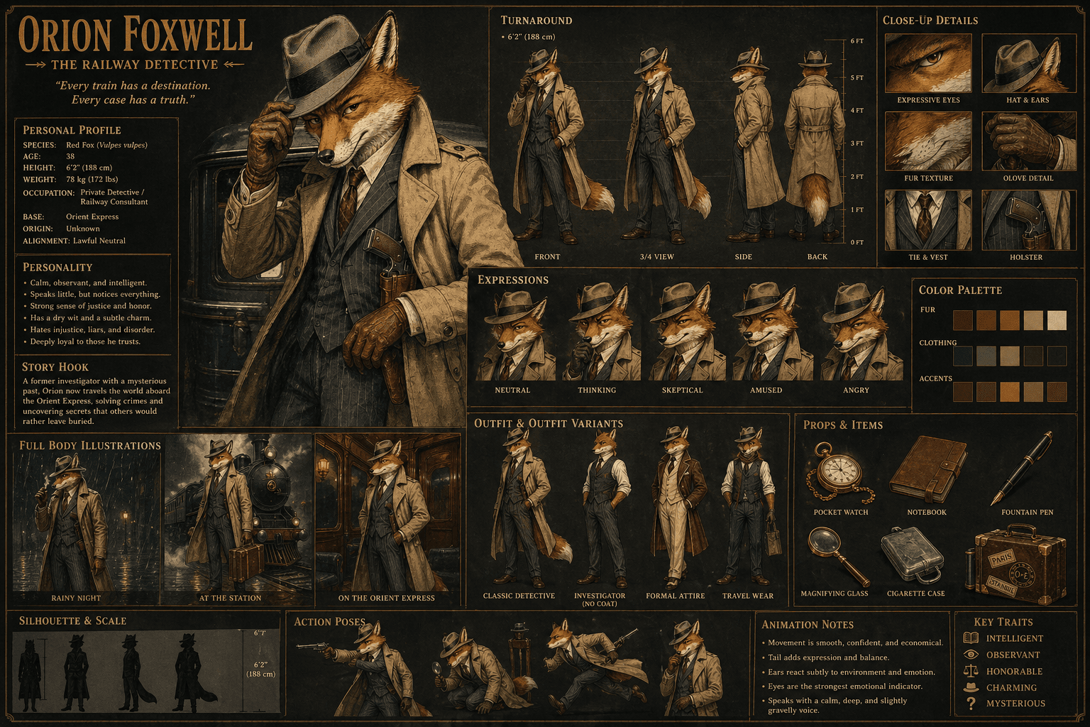 Orion Foxwell character reference sheet with poses, expressions, and outfit details