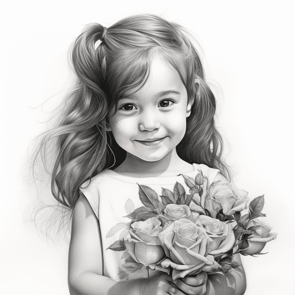 young girl holding flowers clipart white bg
