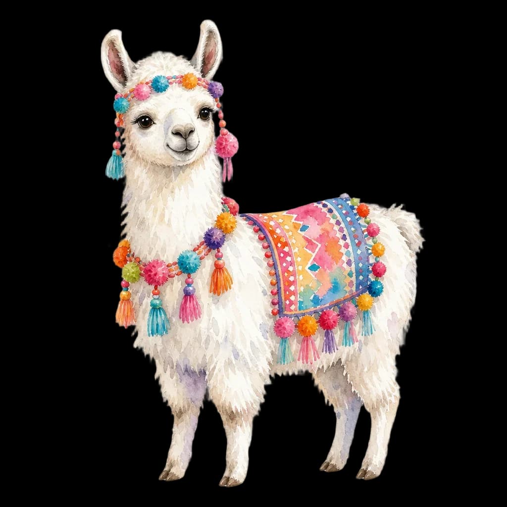 White Llama with Colorful Pompoms — clip art