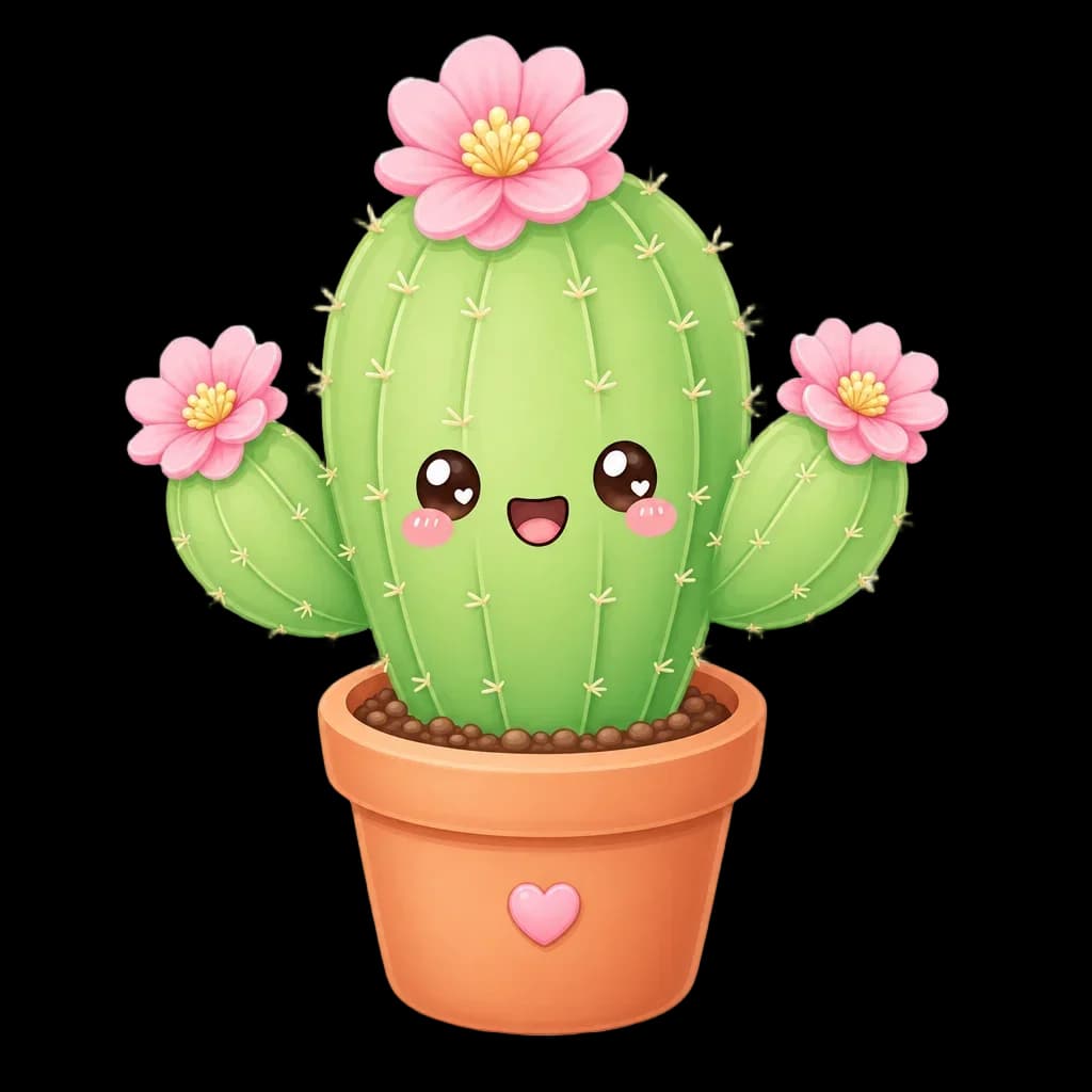 Kawaii Cartoon Cactus with Pink Flowers — clip art