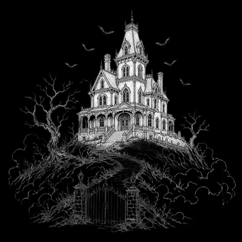 Haunted Mansion on Hill with Bats — free clip art