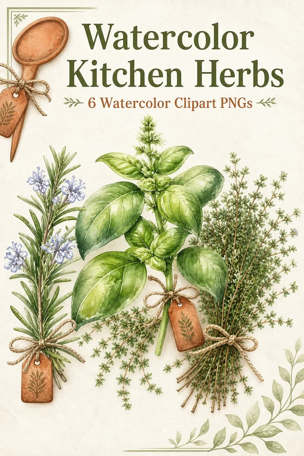 6 Watercolor Kitchen Herb Clipart PNGs — Basil, Rosemary & Thyme Mini Bundle