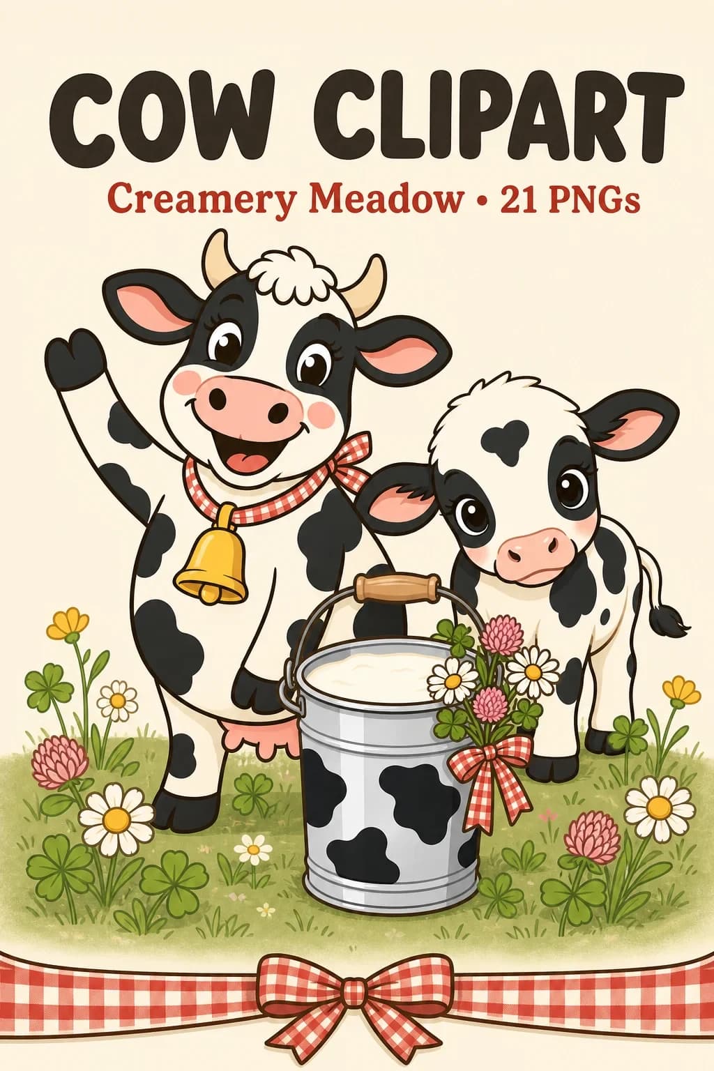 21 Creamery Meadow Cow Clipart PNGs — Friendly Dairy Cows & Wildflower Pasture