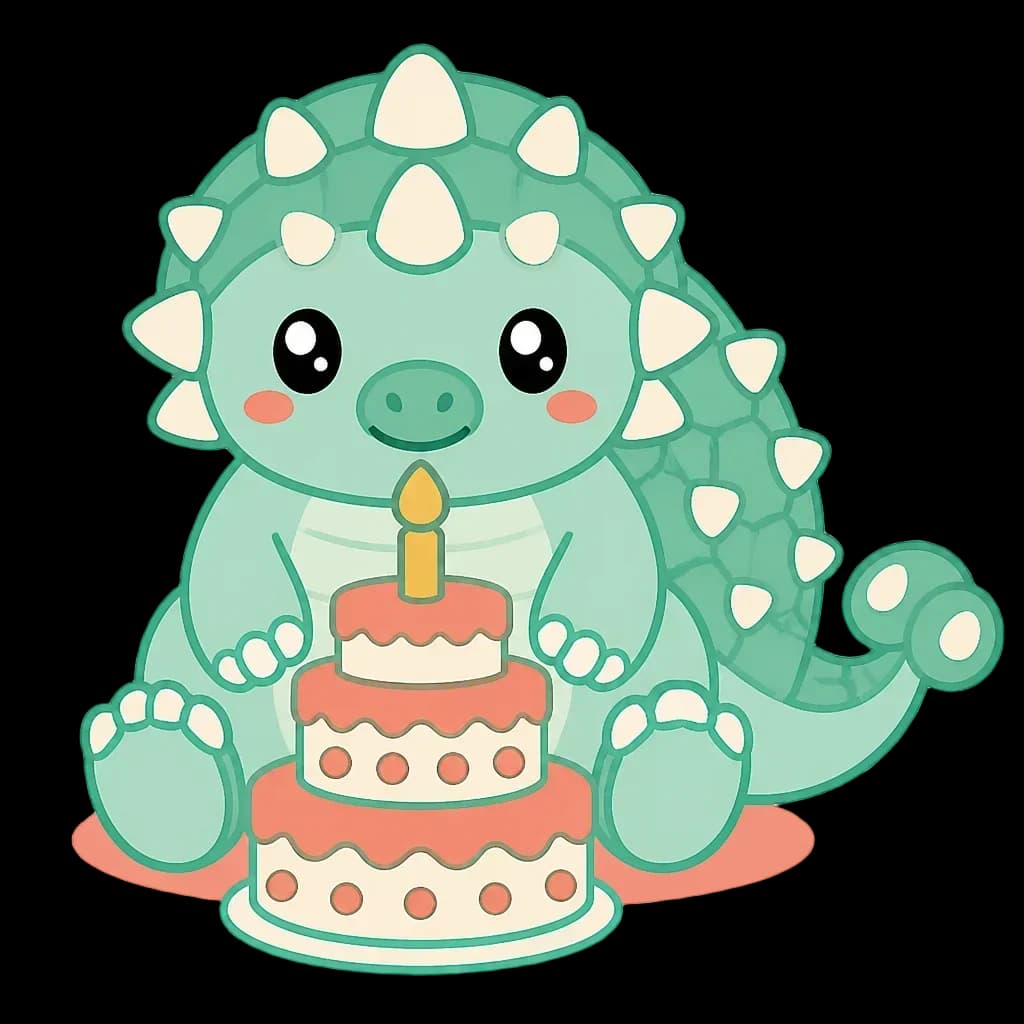 Ankylosaurus with Birthday Cake – Dino Birthday Club — from the 40 Cute Dinosaur Clipart PNGs – Dino Discovery Birthday Club Set