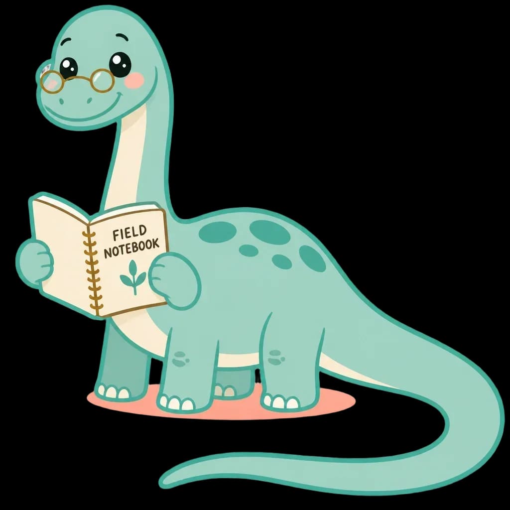 Diplodocus Reading a Field Notebook – Dino Birthday Club — from the 40 Cute Dinosaur Clipart PNGs – Dino Discovery Birthday Club Set