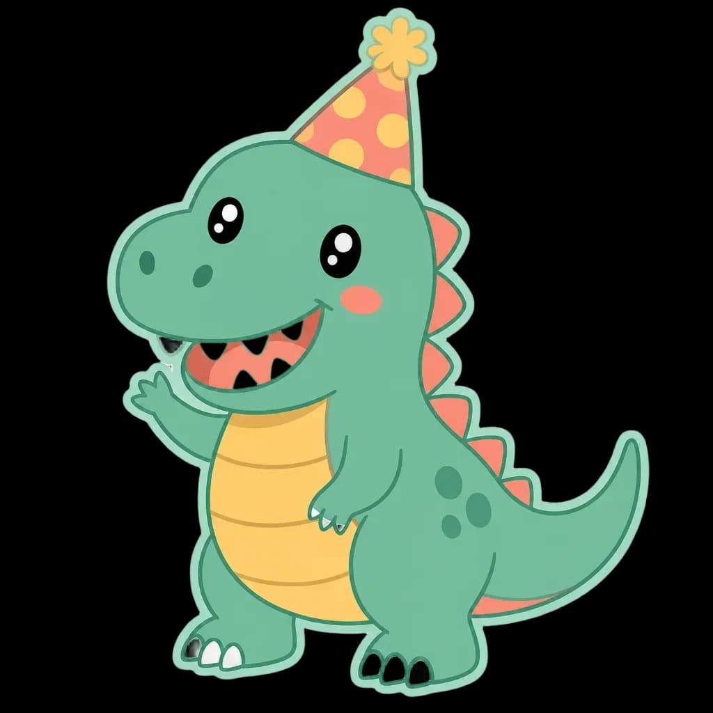 Happy T-Rex with Party Hat – Dino Birthday Club — from the 40 Cute Dinosaur Clipart PNGs – Dino Discovery Birthday Club Set