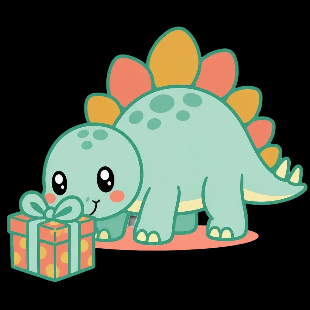 Stegosaurus with Gift Box – Dino Birthday Club — from the 40 Cute Dinosaur Clipart PNGs – Dino Discovery Birthday Club Set