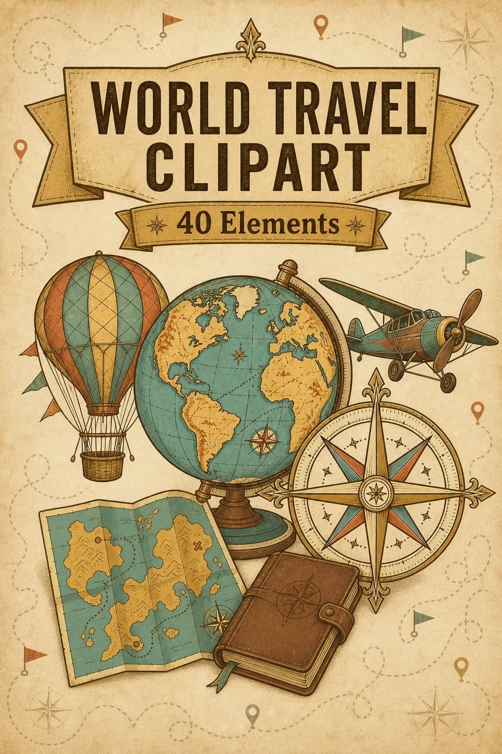 38 World Travel Field Journal Clipart PNGs — Atlas Adventure Bundle — pack cover