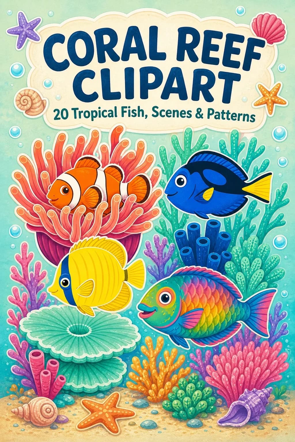 20 Candy-Bright Coral Reef Clipart PNGs — Tropical Fish, Scenes, Borders & Patterns — pack cover