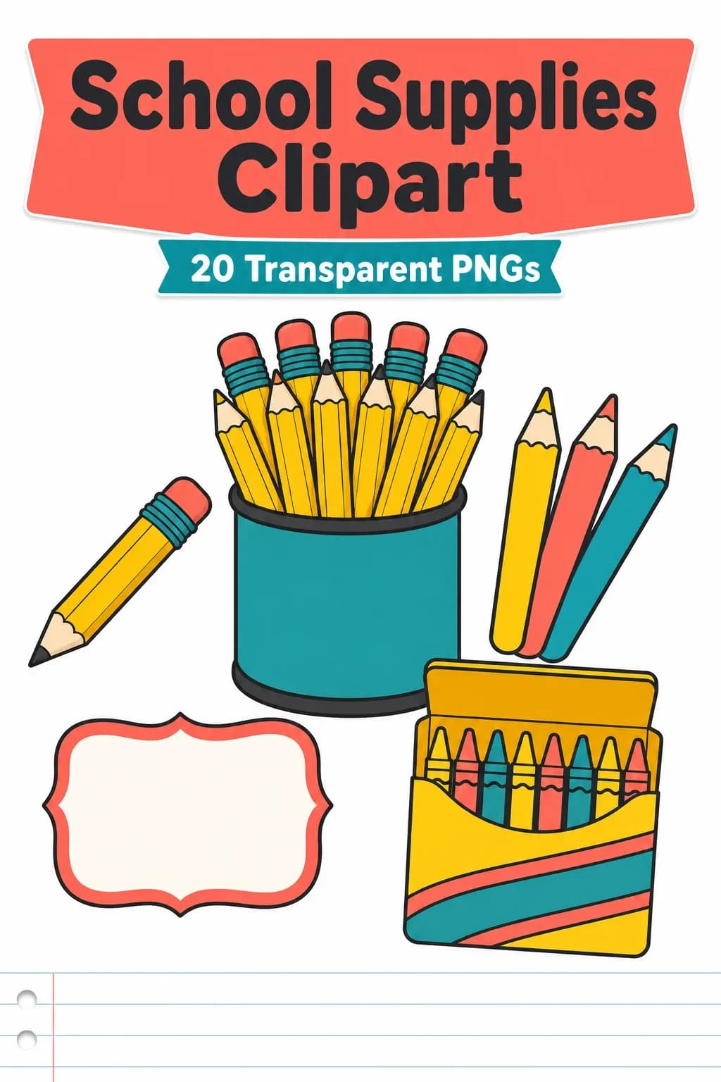 20 Pencils & School Supplies Clipart PNGs – Writing Center Bundle — pack cover
