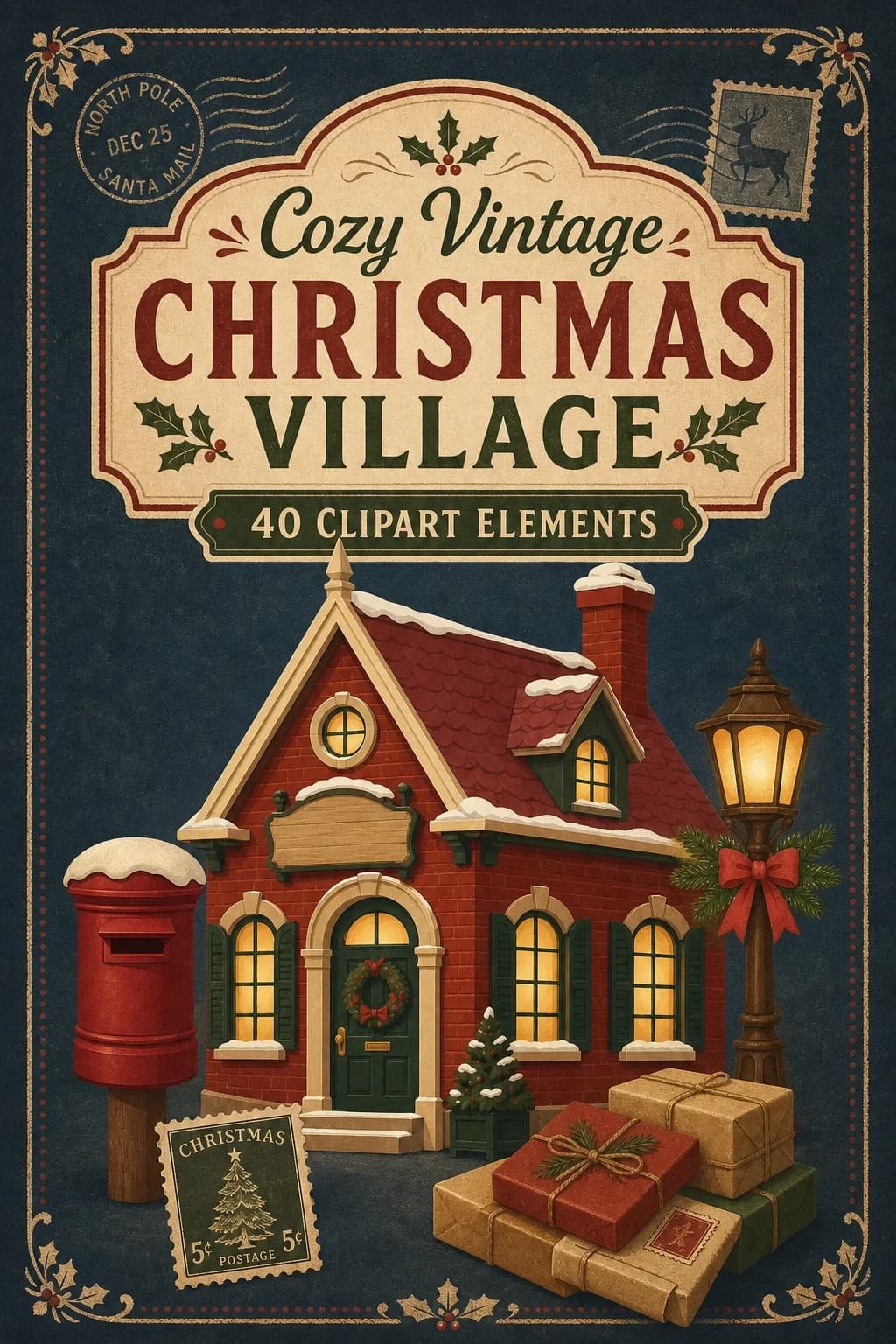 42 Cozy Vintage Christmas Village Clipart PNGs – Christmas Eve Mail Route — pack cover
