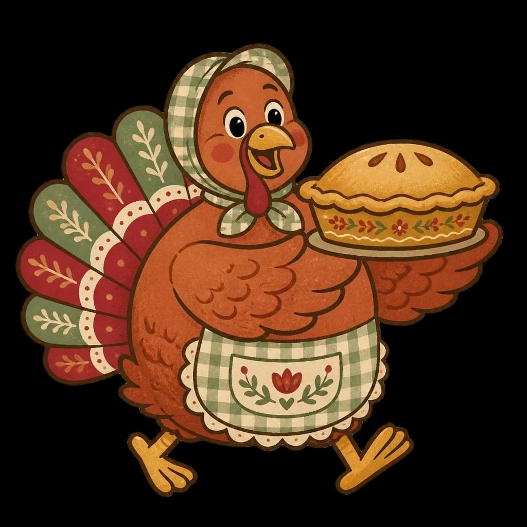 Turkey Carrying a Pie — from the Grateful Gathering: 20 Thanksgiving Turkey & Harvest Clipart PNGs