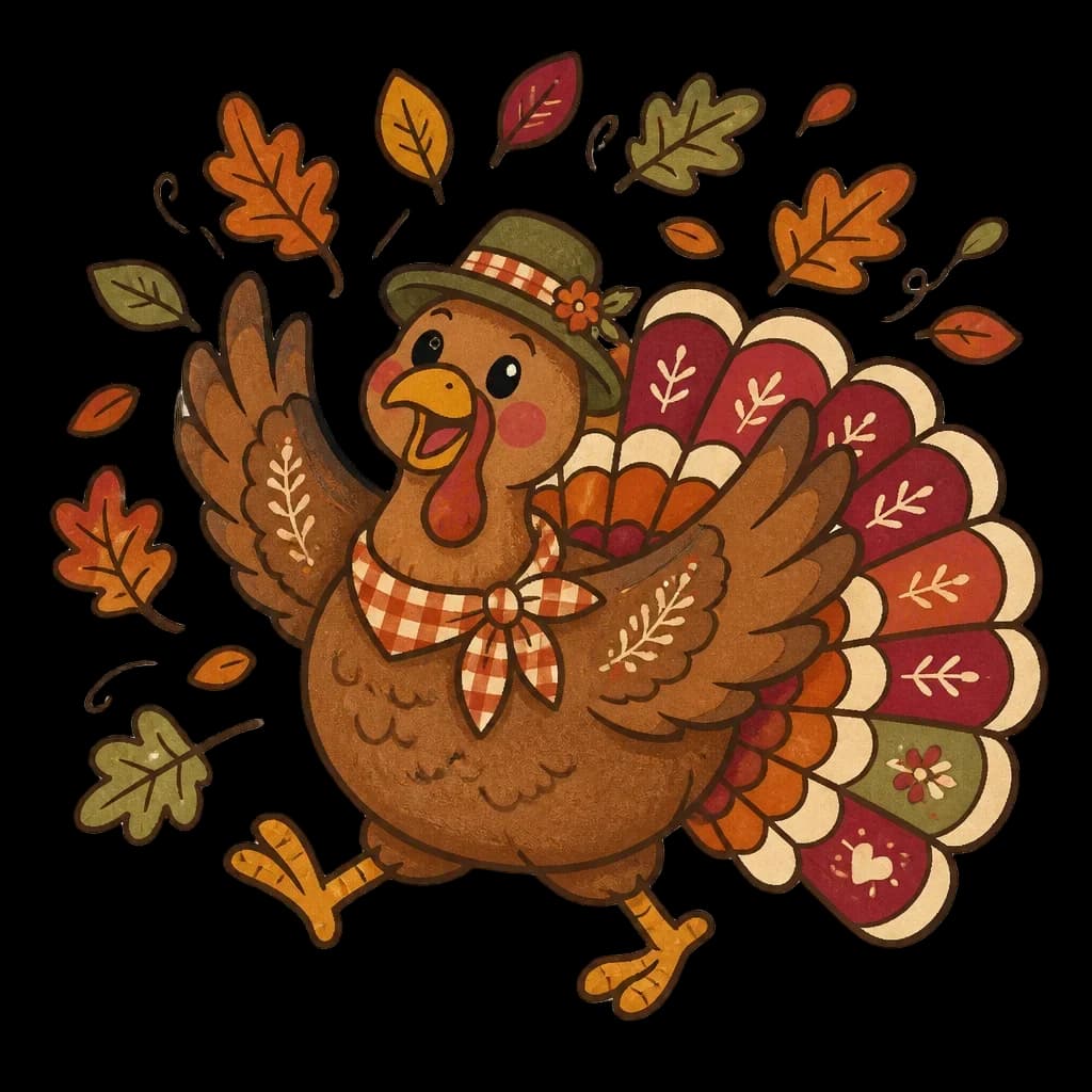 Turkey Scattering Autumn Leaves — from the Grateful Gathering: 20 Thanksgiving Turkey & Harvest Clipart PNGs