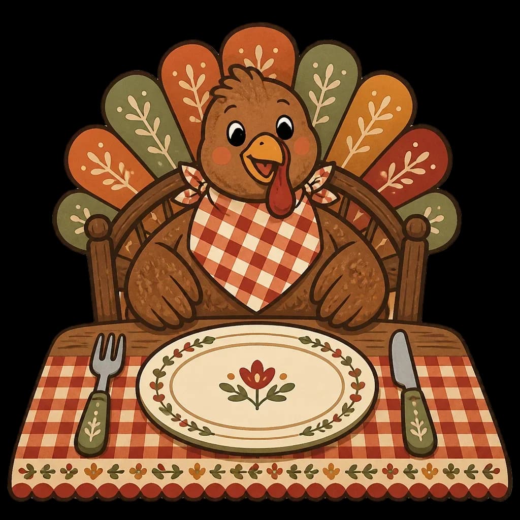 Turkey Seated at a Place Setting — from the Grateful Gathering: 20 Thanksgiving Turkey & Harvest Clipart PNGs