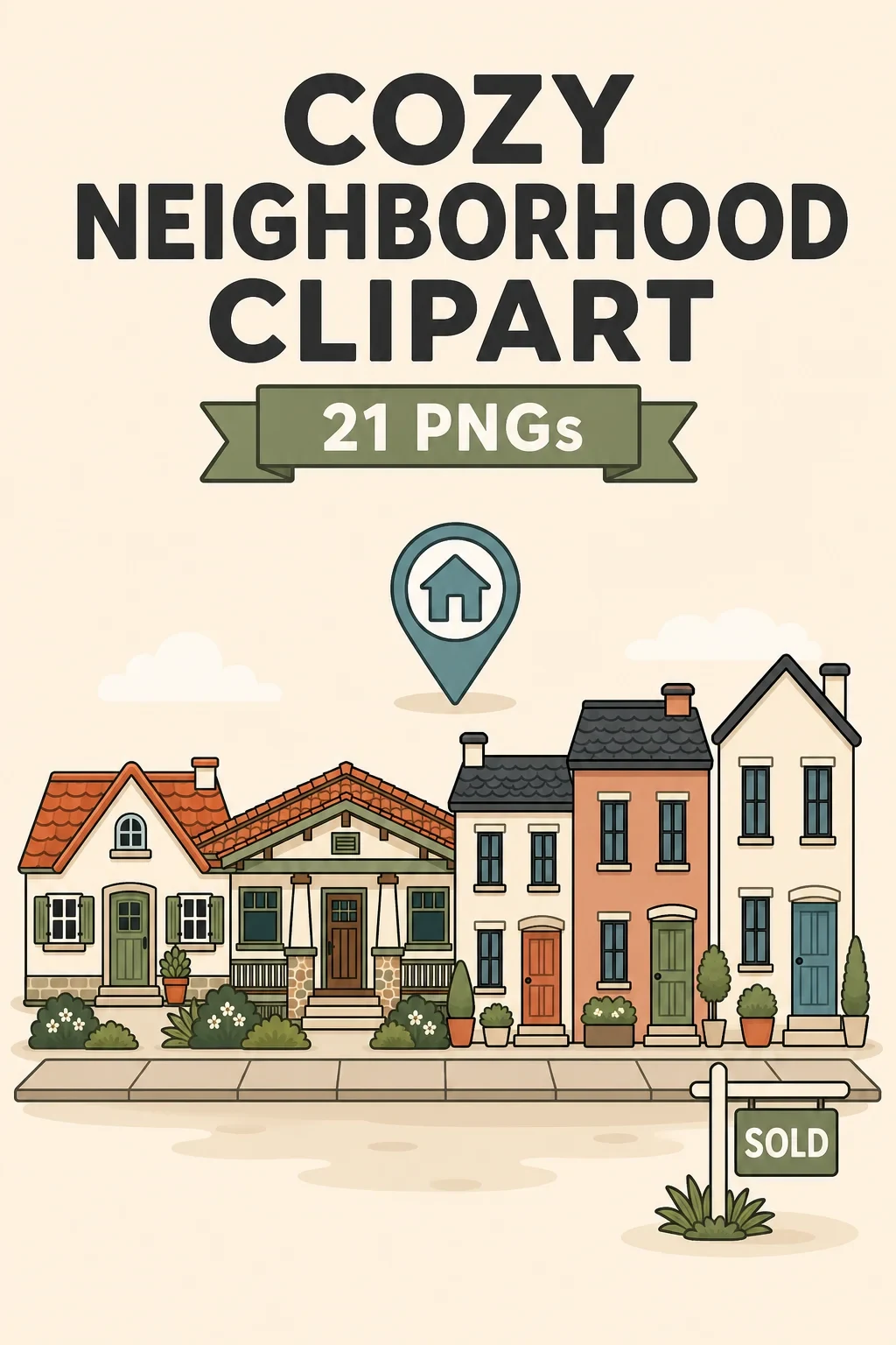 20 Cozy Neighborhood Builder Clipart PNGs — pack cover