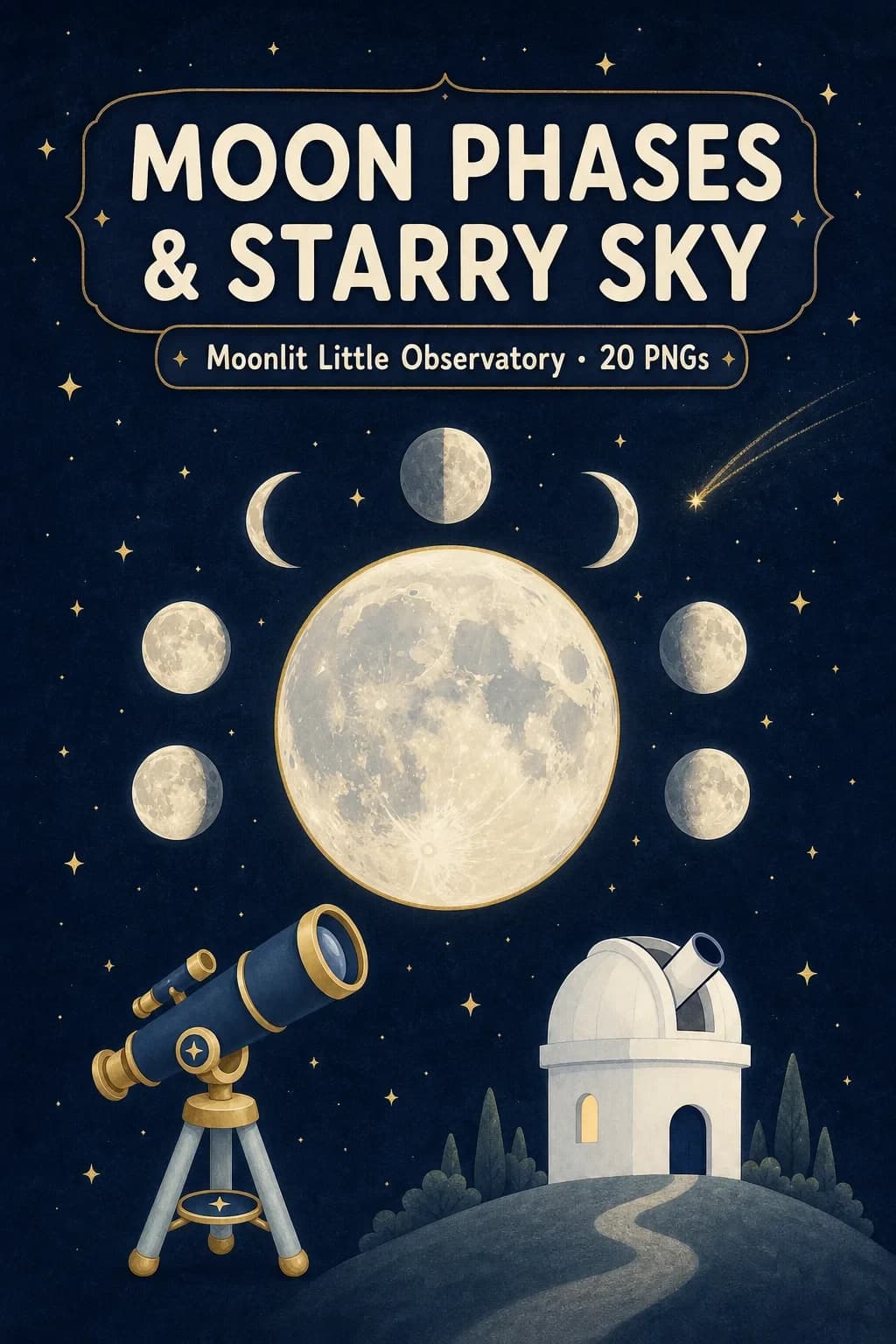 20 Moon Phases & Starry Sky Clipart PNGs — Moonlit Little Observatory — pack cover