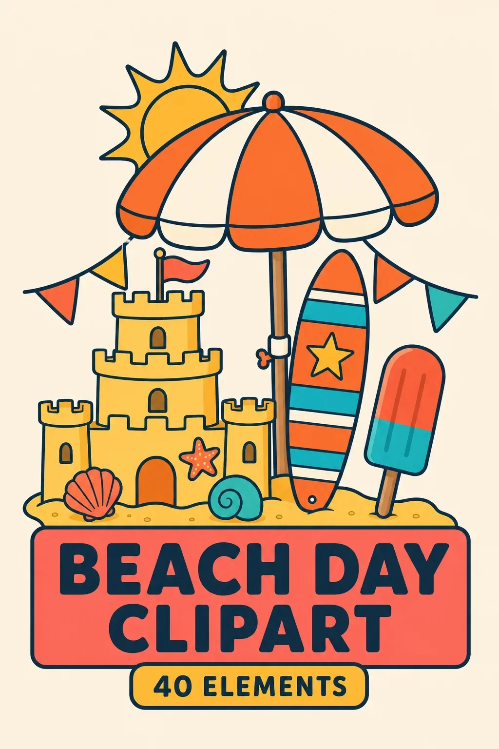 40 Retro Boardwalk Beach Day Clipart PNGs — School's Out Bundle — pack cover