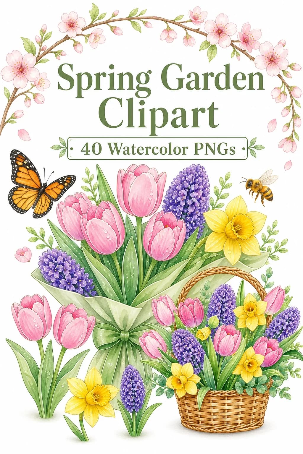 42 Spring Garden Clipart PNGs — Dewy Cottage Watercolor Bundle
