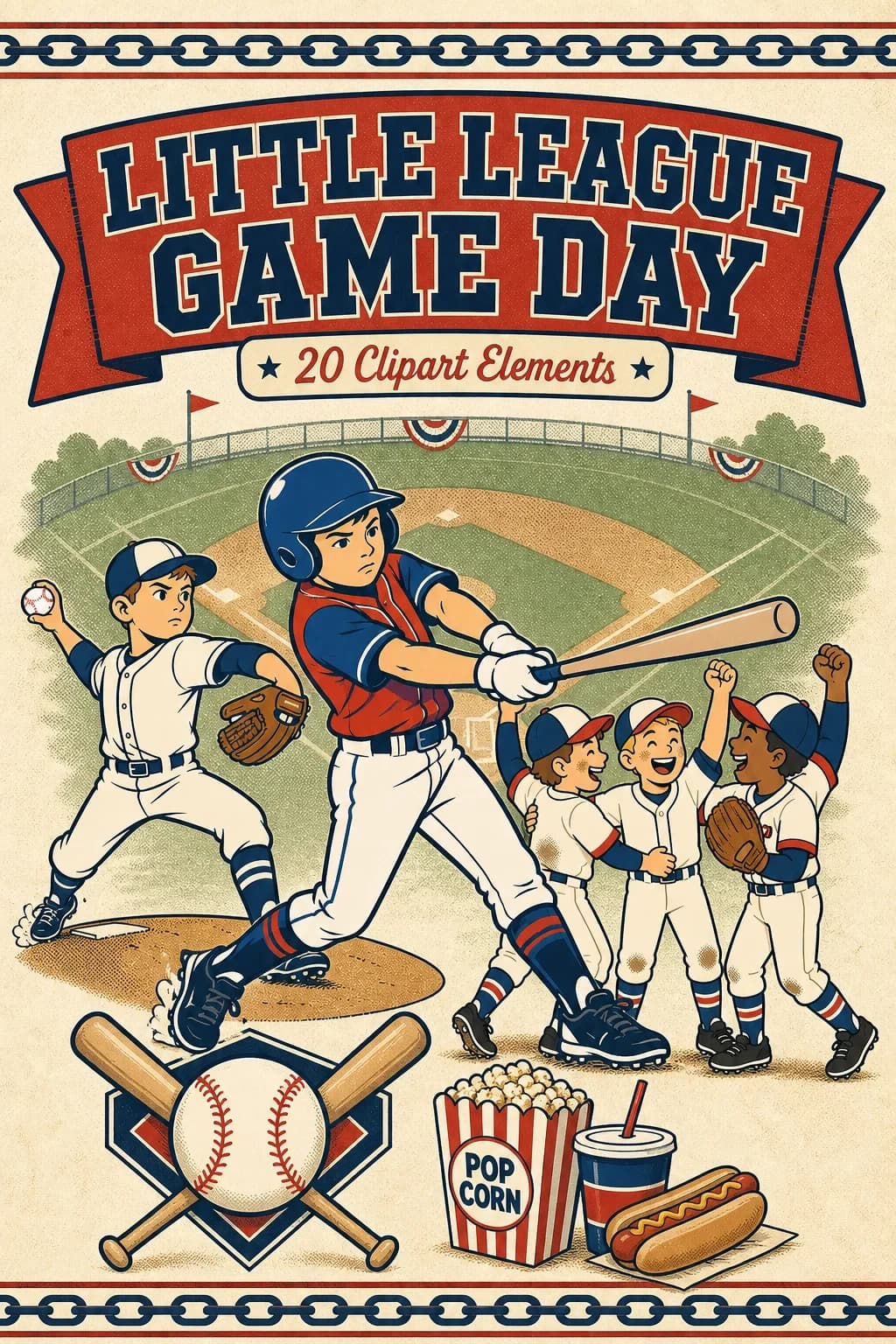 20 Retro Little League Game Day Clipart PNGs – Youth Baseball Bundle — pack cover