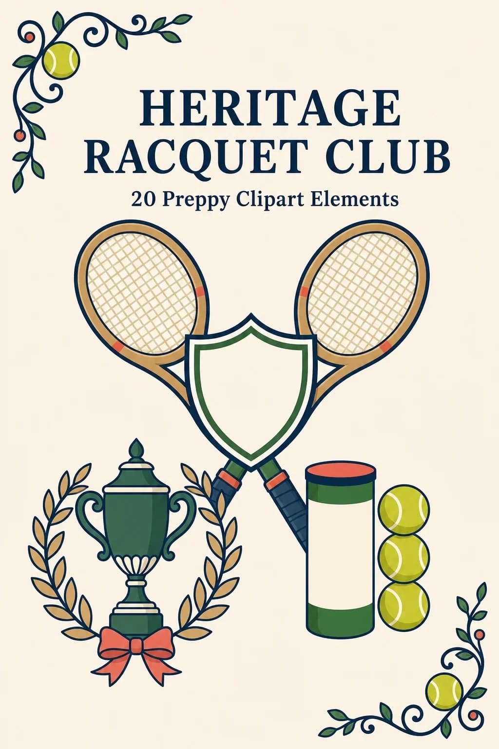 20 Heritage Racquet Club Clipart PNGs — Preppy Tennis Stationery Set — pack cover