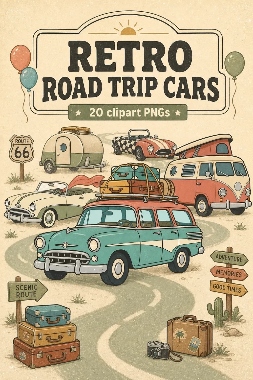 19 Retro Road Trip Cars Clipart PNGs — Vintage Kids Bundle — pack cover