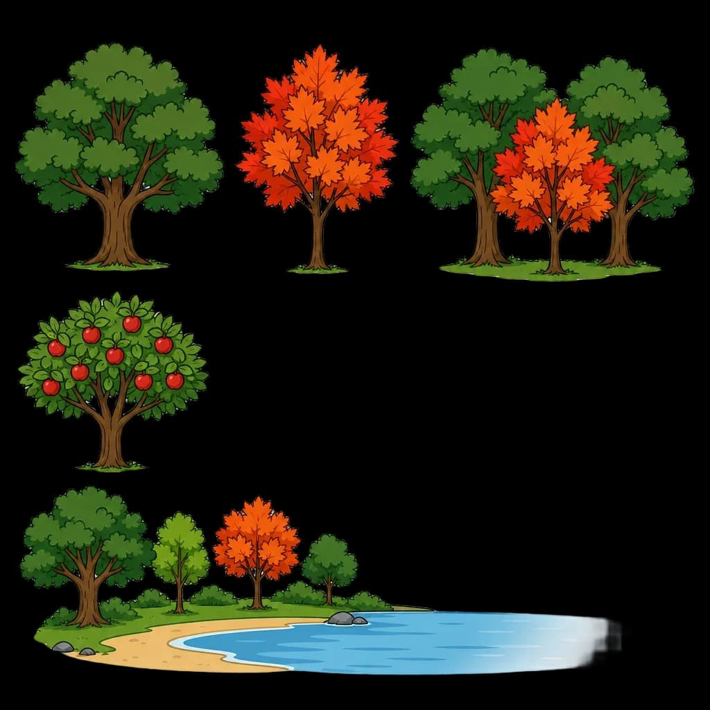 Lakeside Nature Scene with Oak, Maple & Apple Trees — tree clip art
