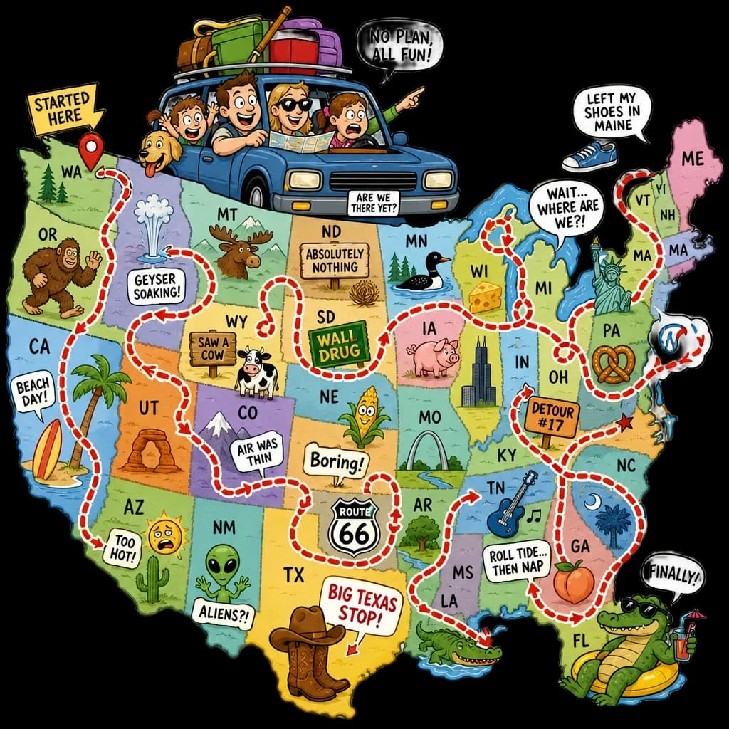 Funny Family Summer Road Trip Map Clipart