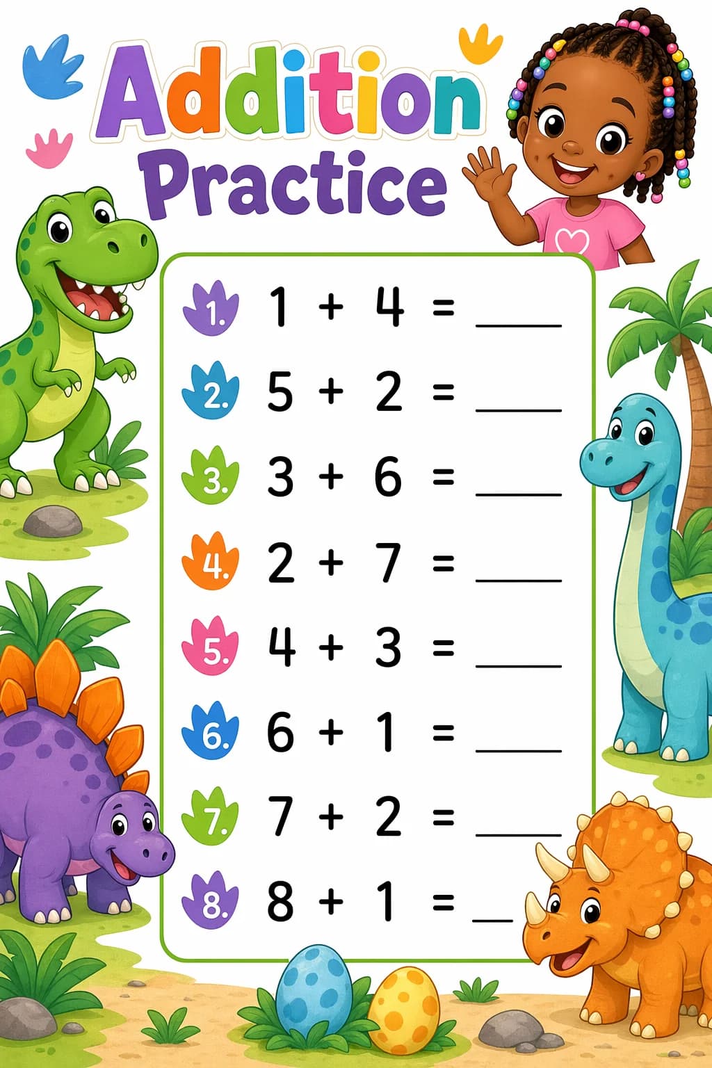 Addition Worksheet — dinosaurs — free 1st Grade worksheet