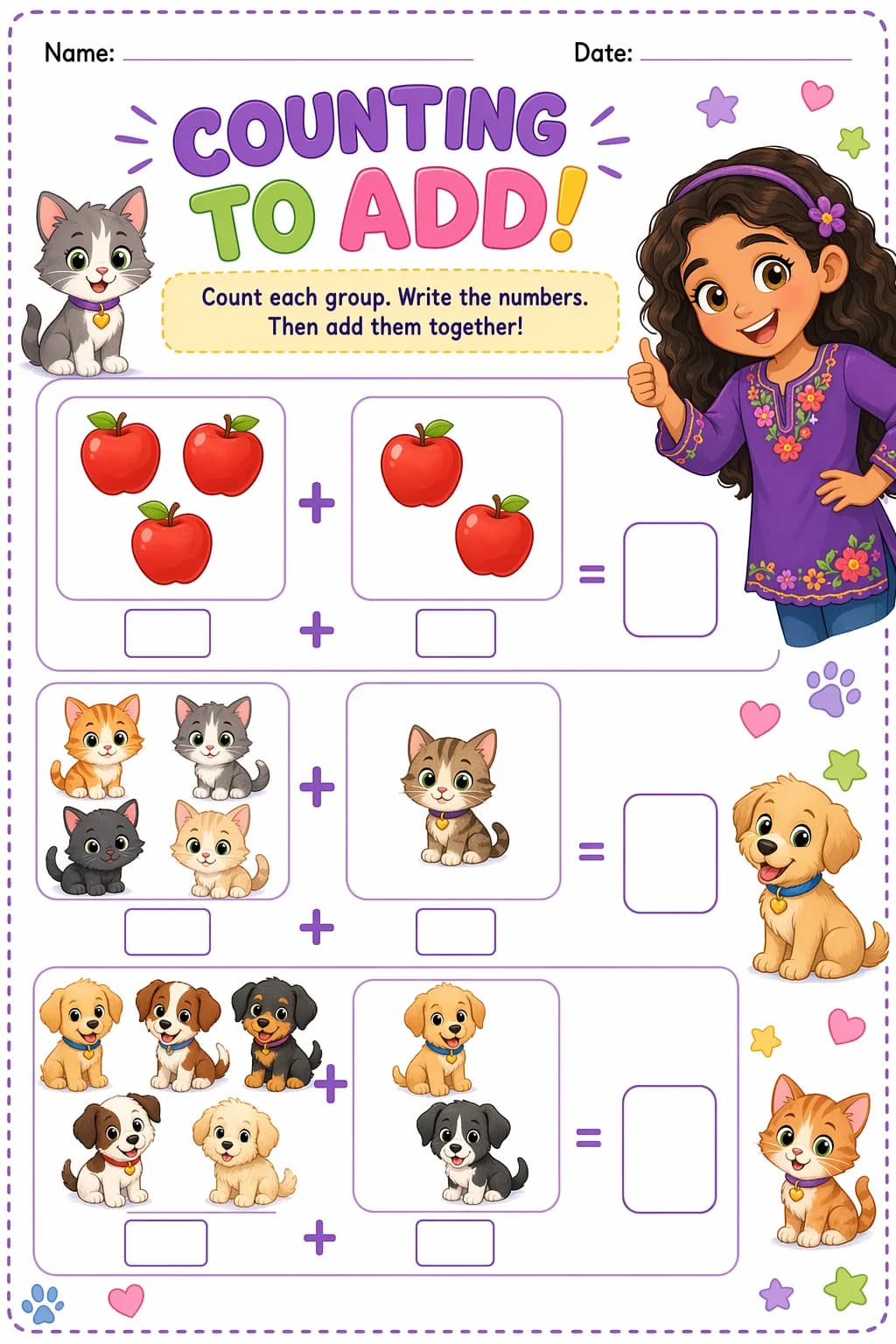 Addition Worksheet — pets — free 1st Grade worksheet