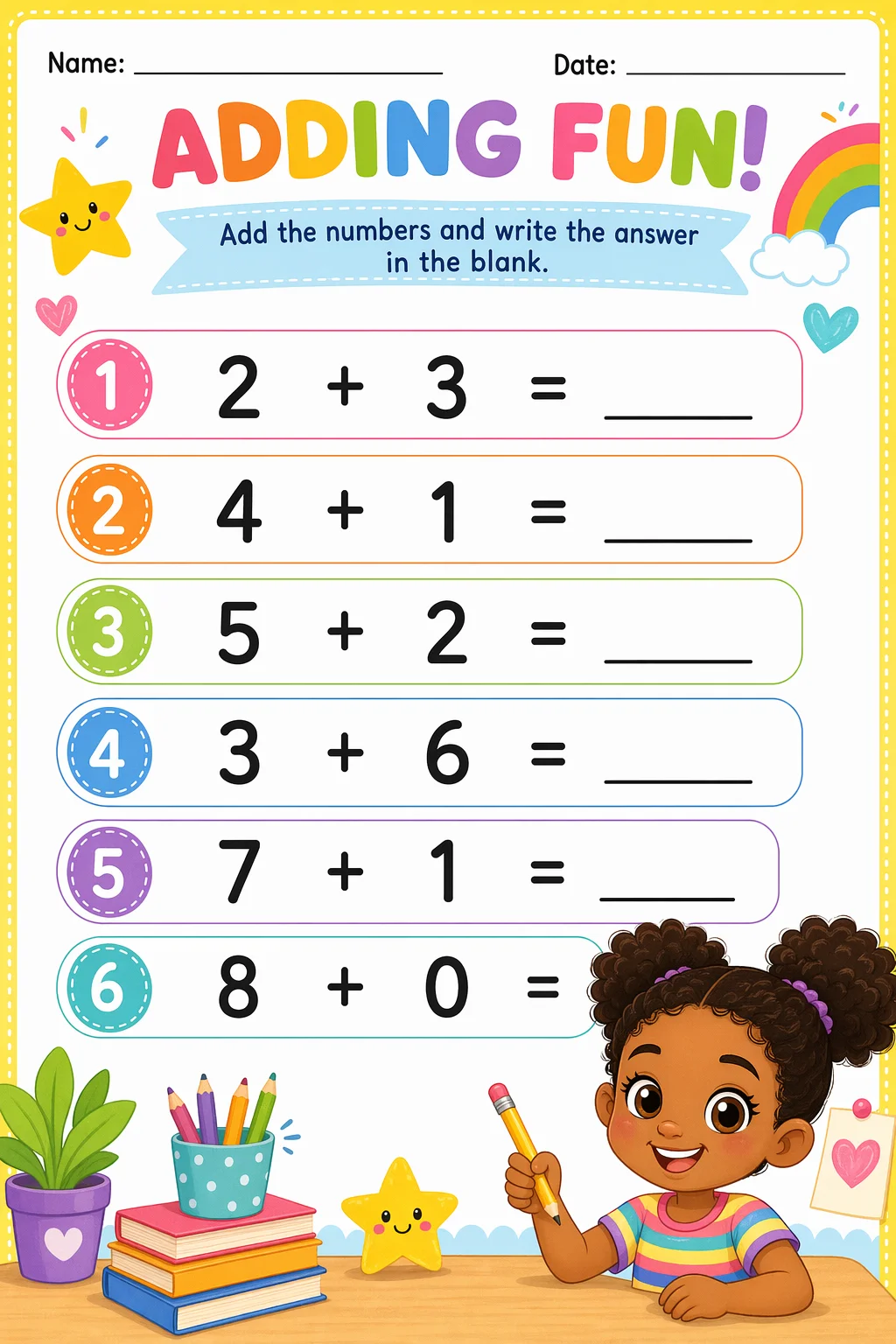 Addition Worksheet — school room — free 1st Grade worksheet