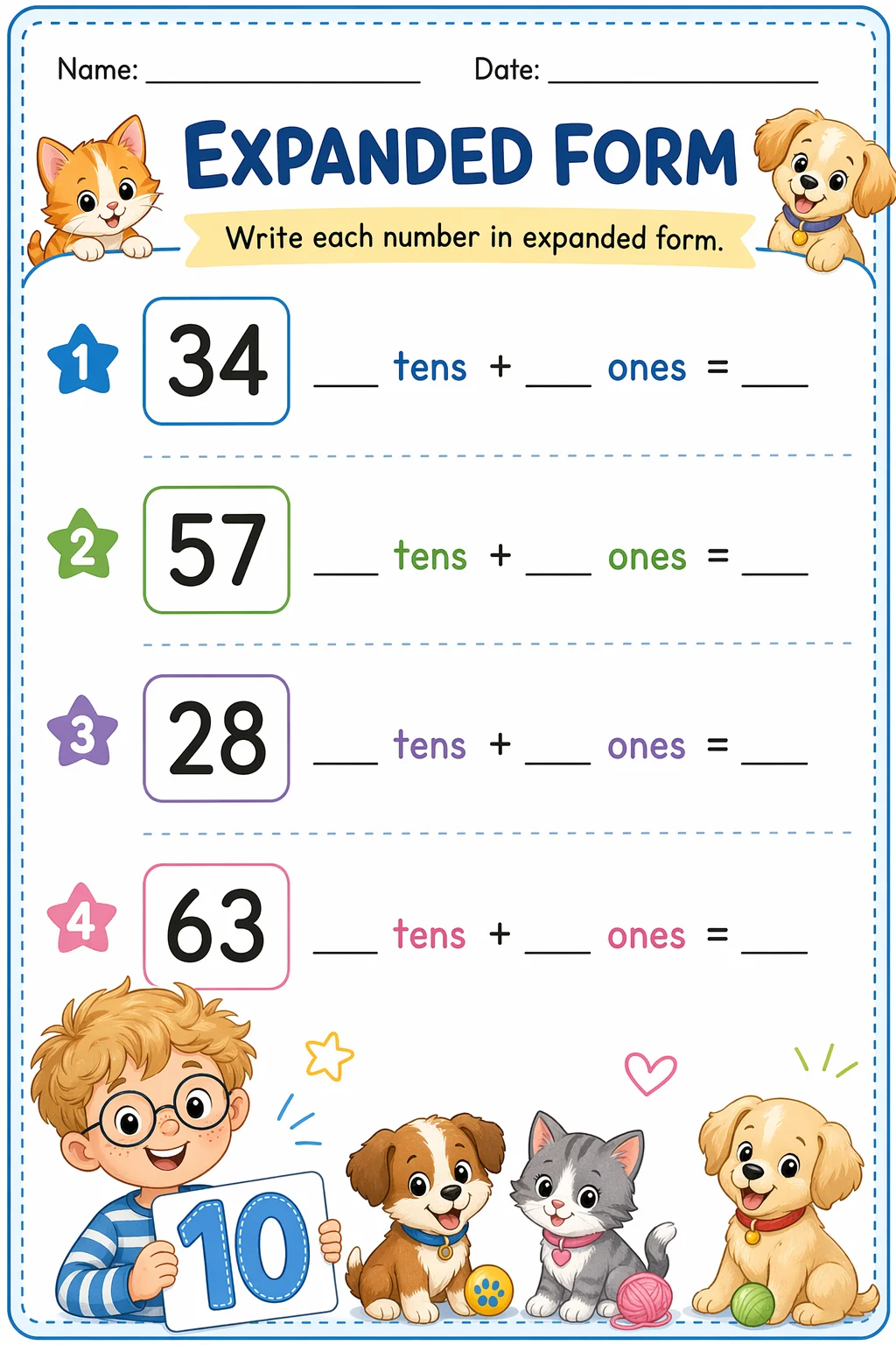 Place Value Worksheet — pets — free 1st Grade worksheet