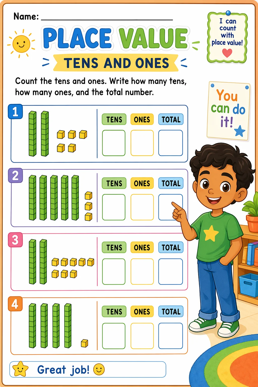 Place Value Worksheet — school room — free 1st Grade worksheet
