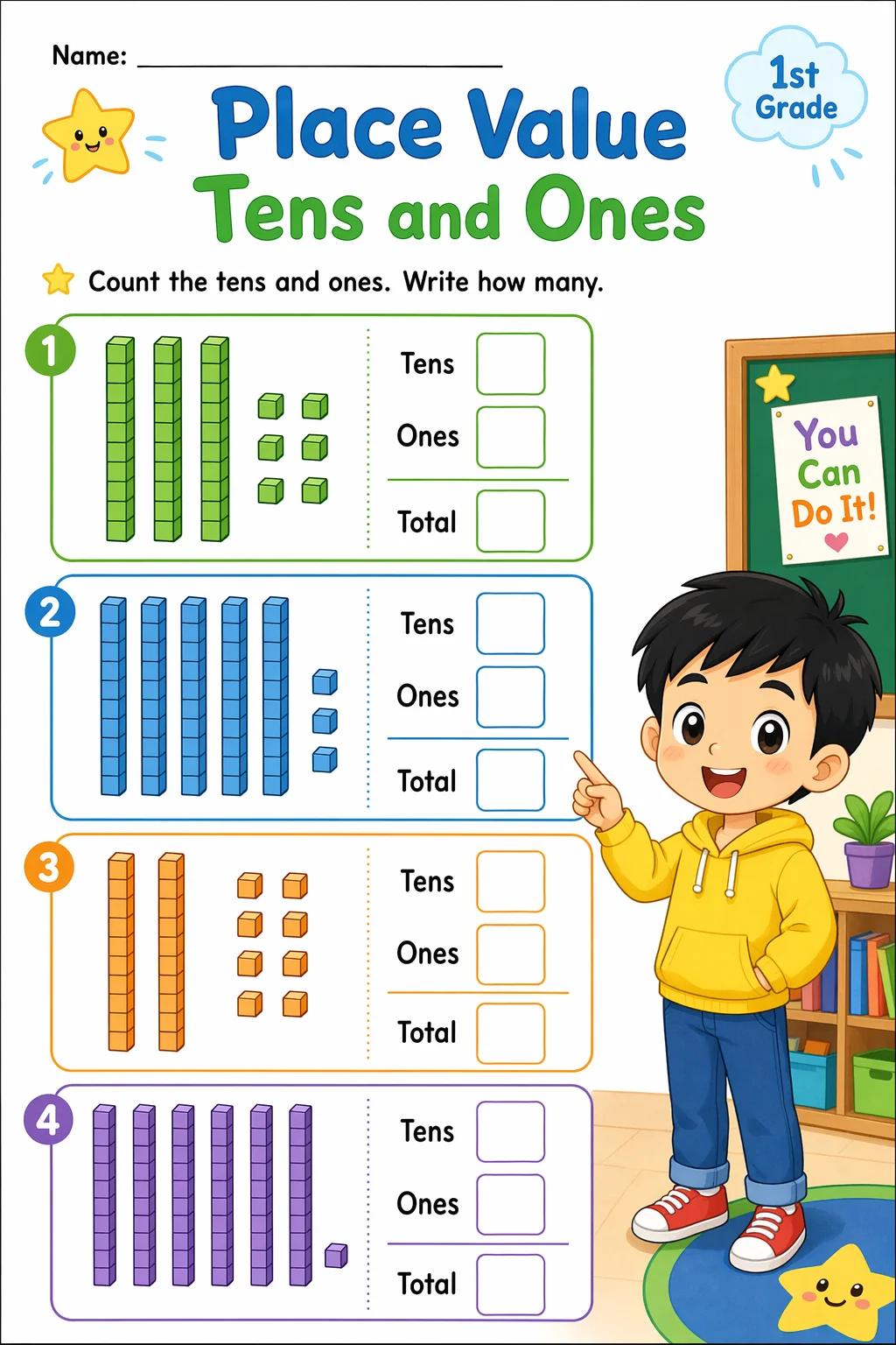 Place Value Worksheet — school room — free 1st Grade worksheet
