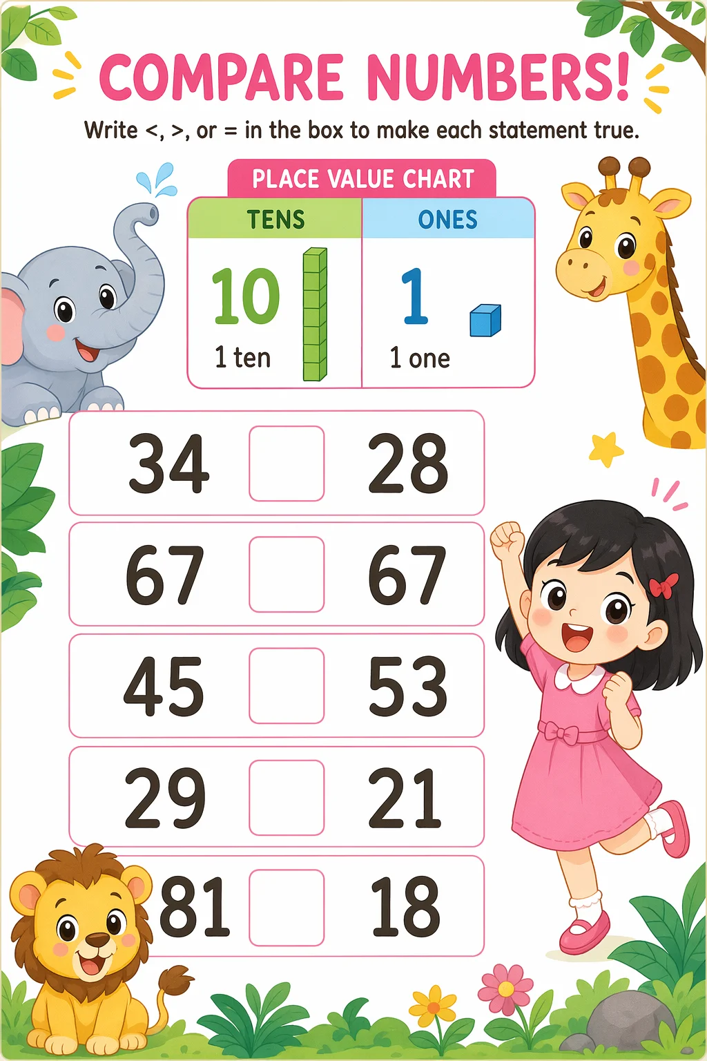 Place Value Worksheet — zoo animals — free 1st Grade worksheet
