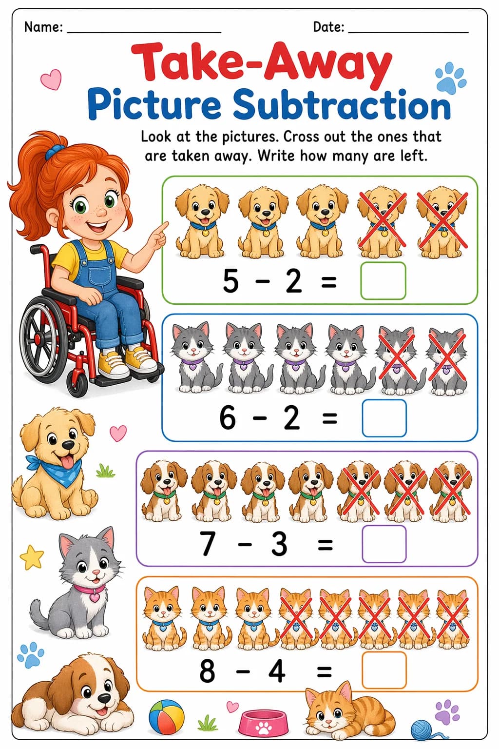 Subtraction Worksheet — pets — free 1st Grade worksheet