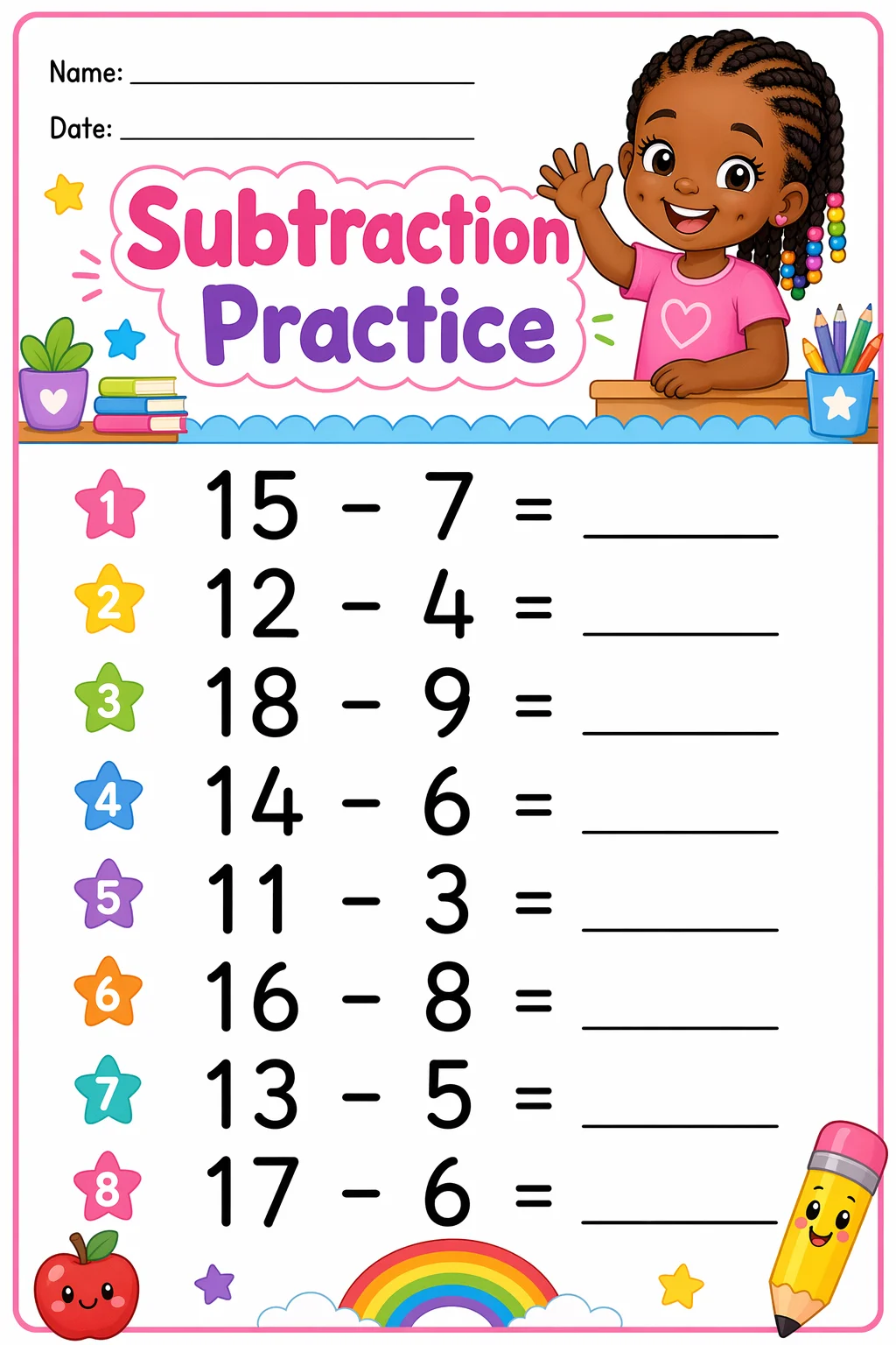 Subtraction Worksheet — school room — free 1st Grade worksheet