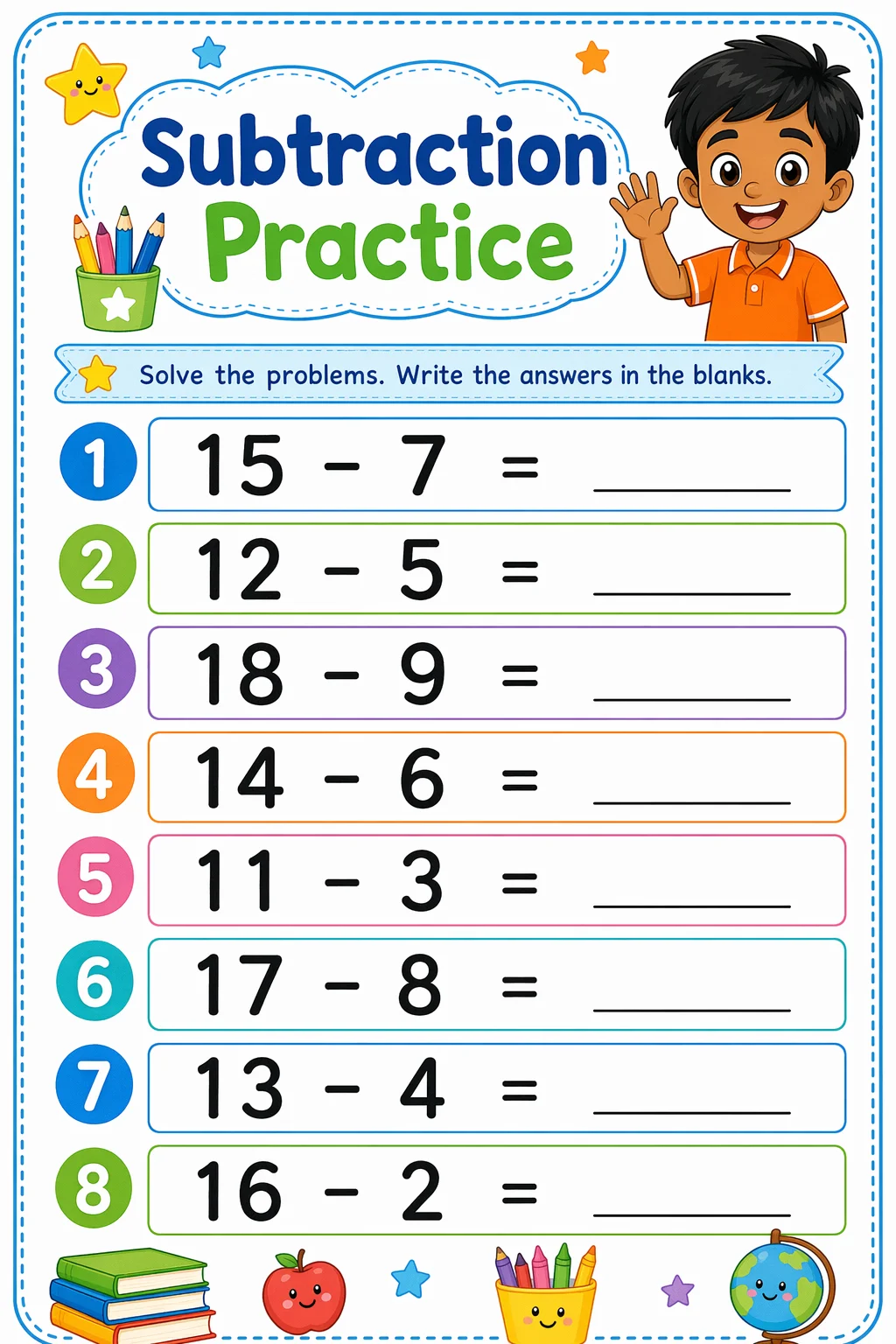 Subtraction Worksheet — school room — free 1st Grade worksheet