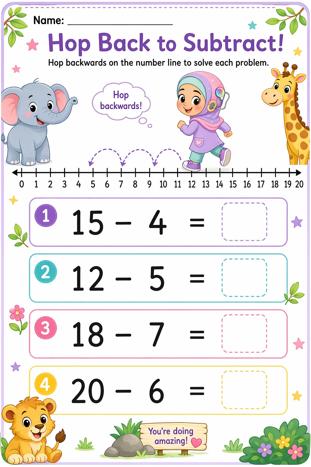 Subtraction Worksheet — zoo animals — free 1st Grade worksheet