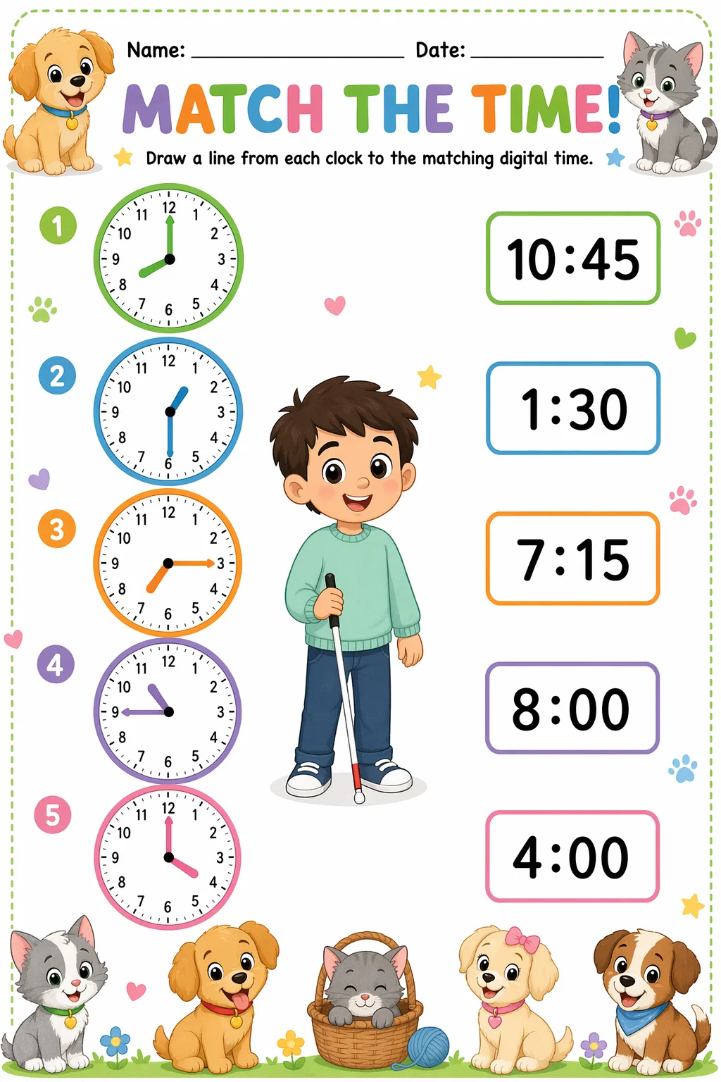 Telling Time Worksheet — pets — free 1st Grade worksheet