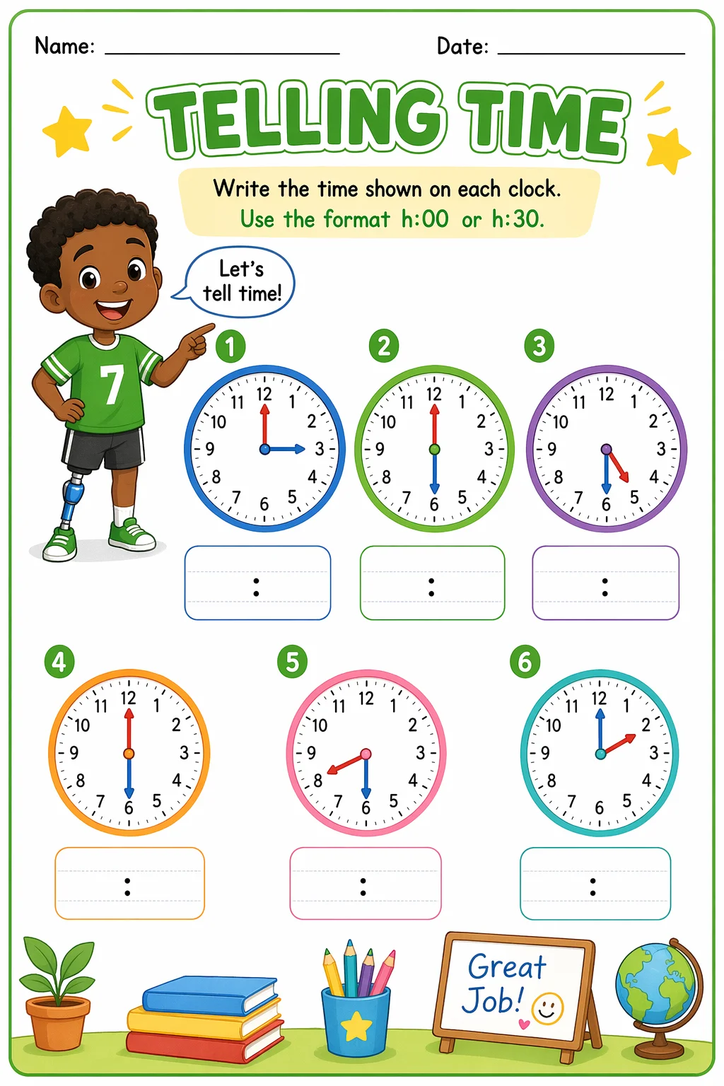 Telling Time Worksheet — school room — free 1st Grade worksheet