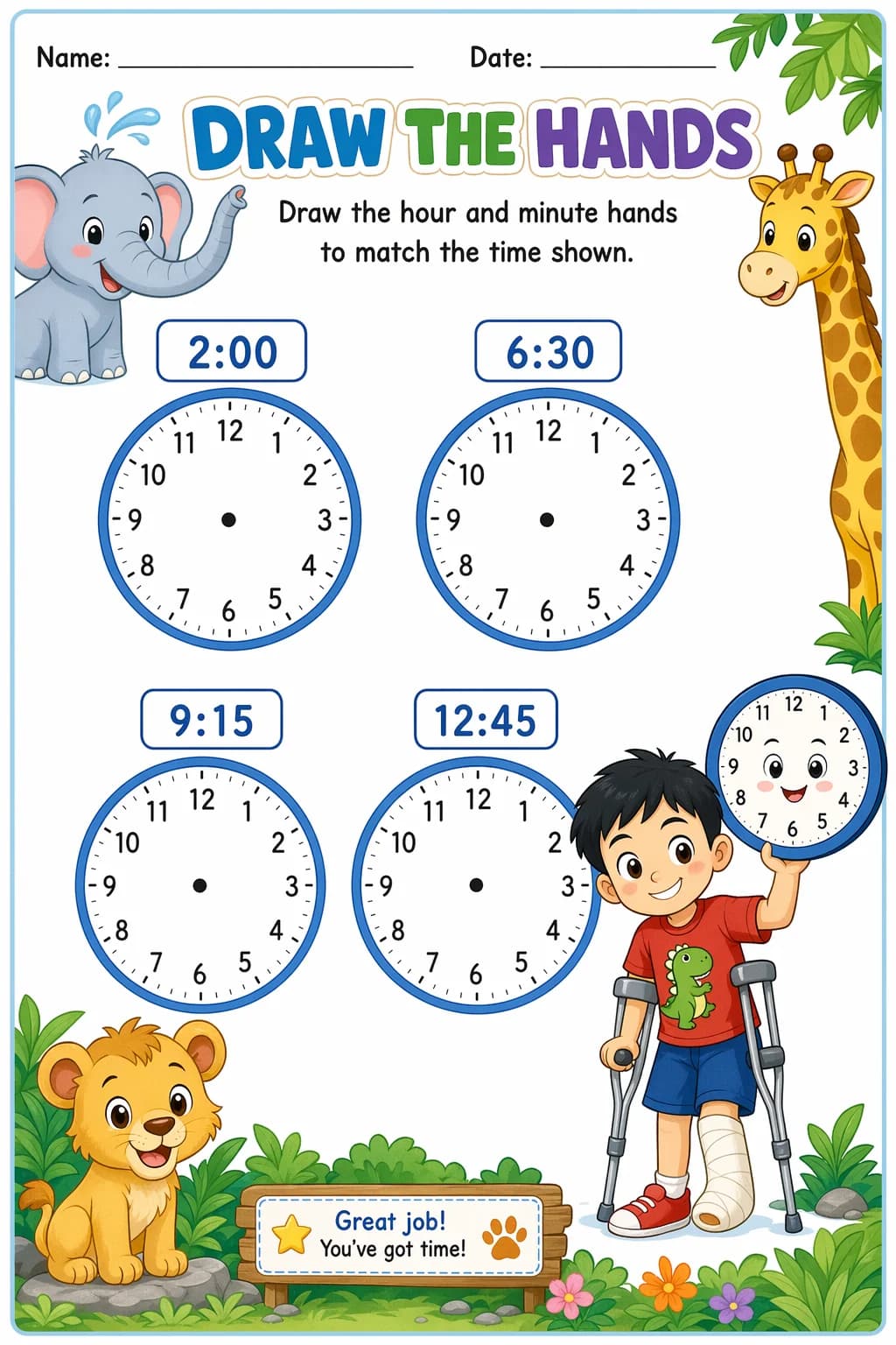 Telling Time Worksheet — zoo animals — free 1st Grade worksheet