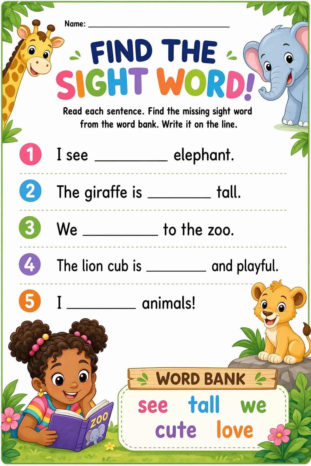 Sight Words Worksheet — zoo animals — free 1st Grade worksheet