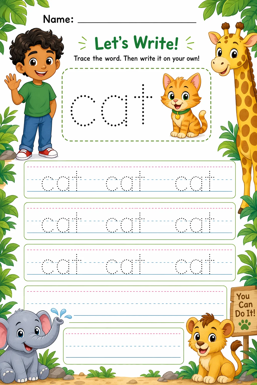 Handwriting Worksheet — zoo animals — free 1st Grade worksheet