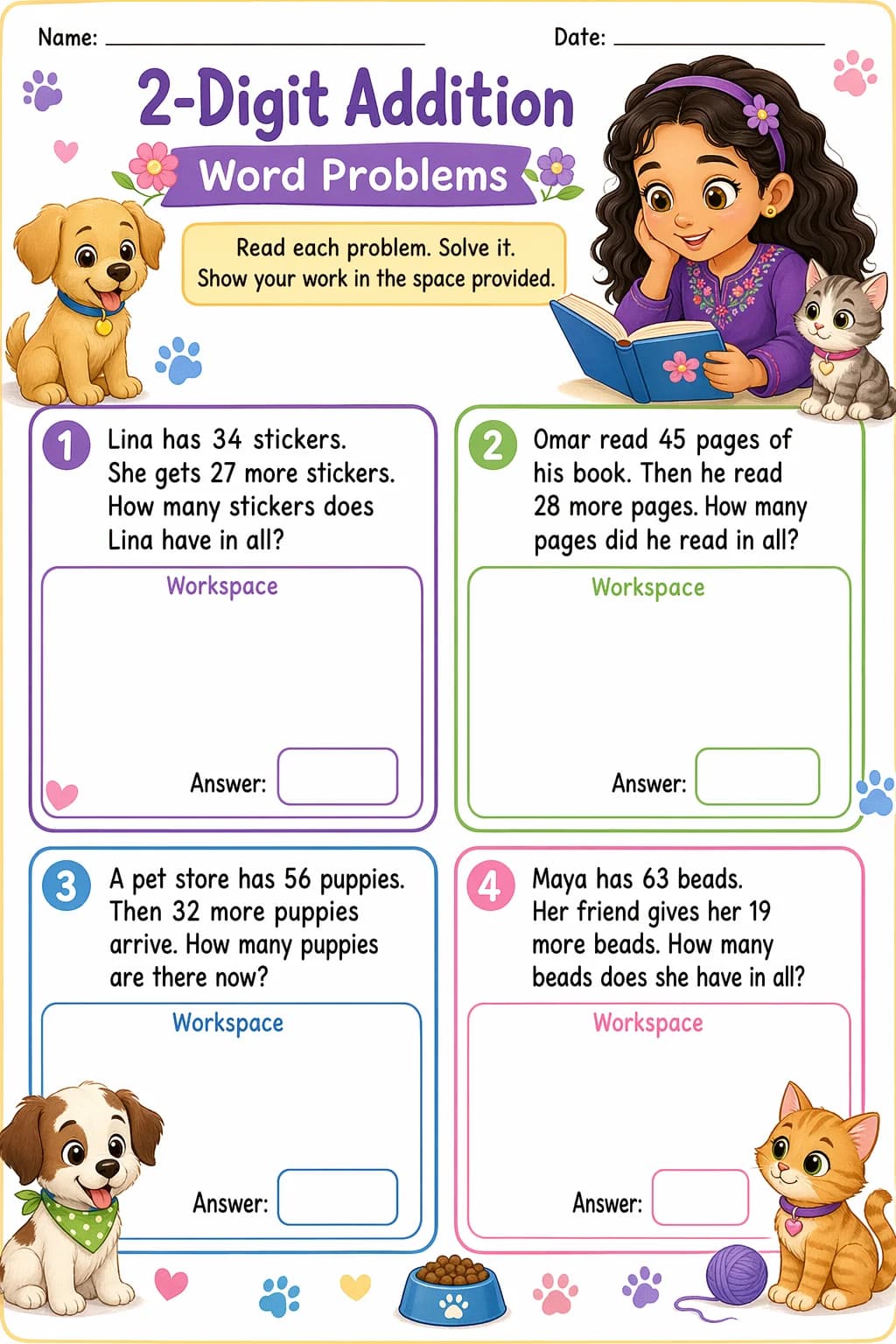 Addition Worksheet — pets — free 2nd Grade worksheet