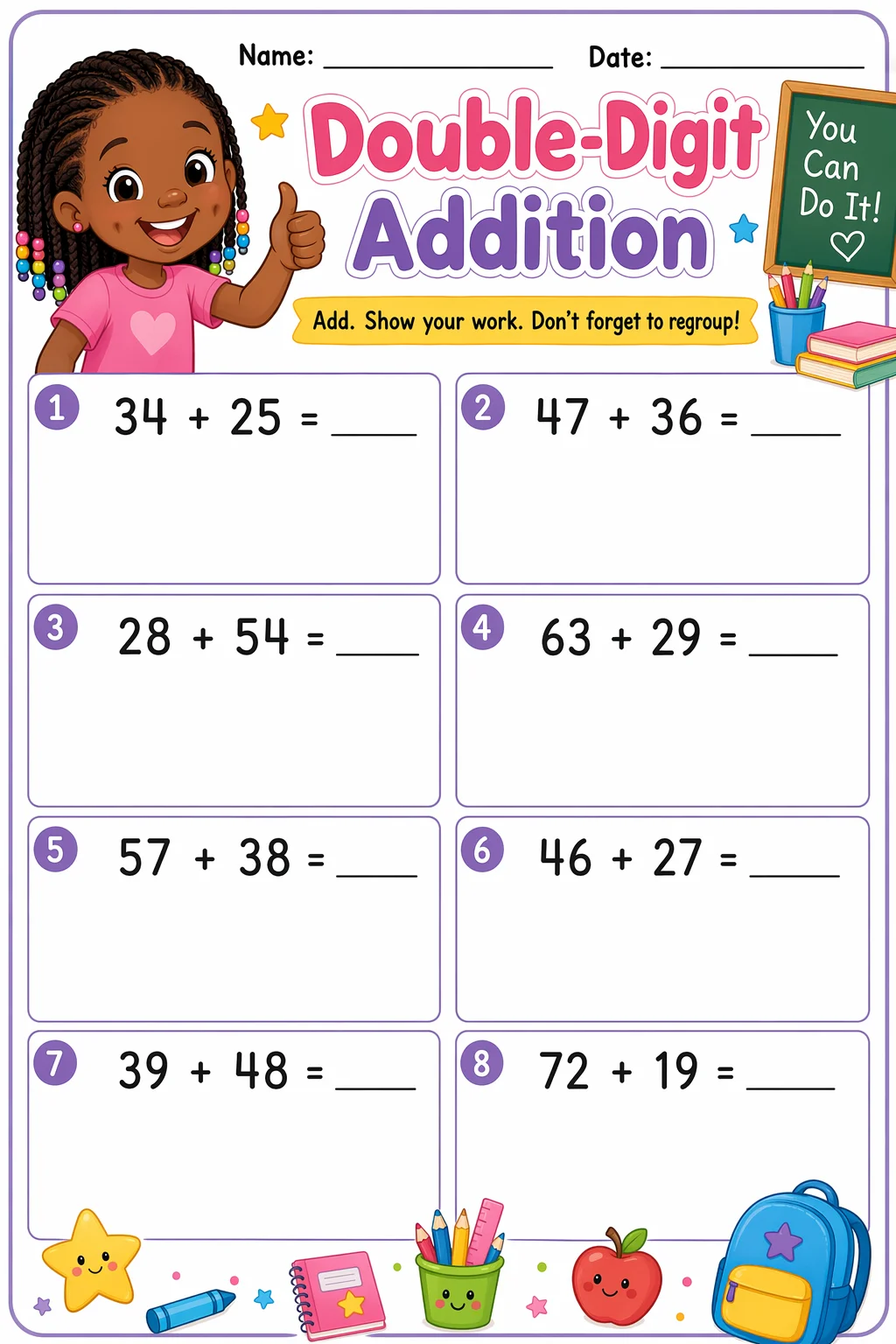 Addition Worksheet — school room — free 2nd Grade worksheet
