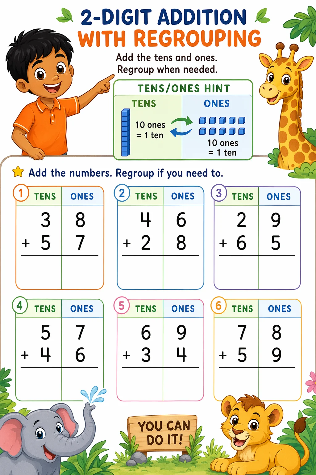Addition Worksheet — zoo animals — free 2nd Grade worksheet