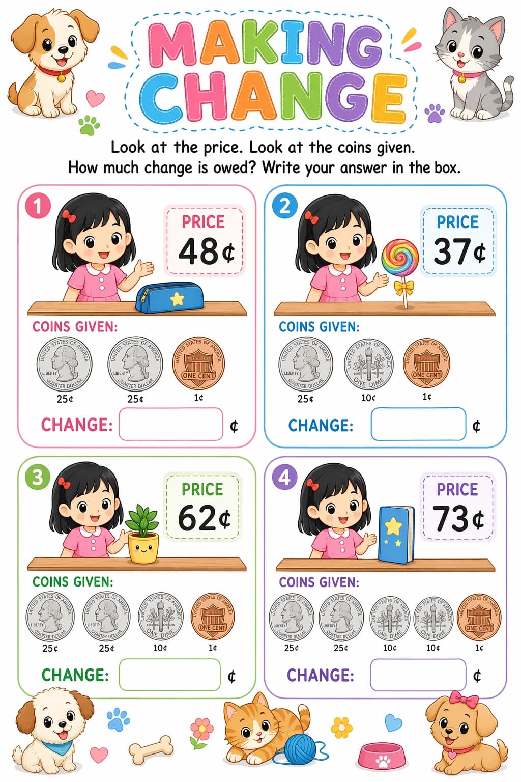 Money Worksheet — pets — free 2nd Grade worksheet