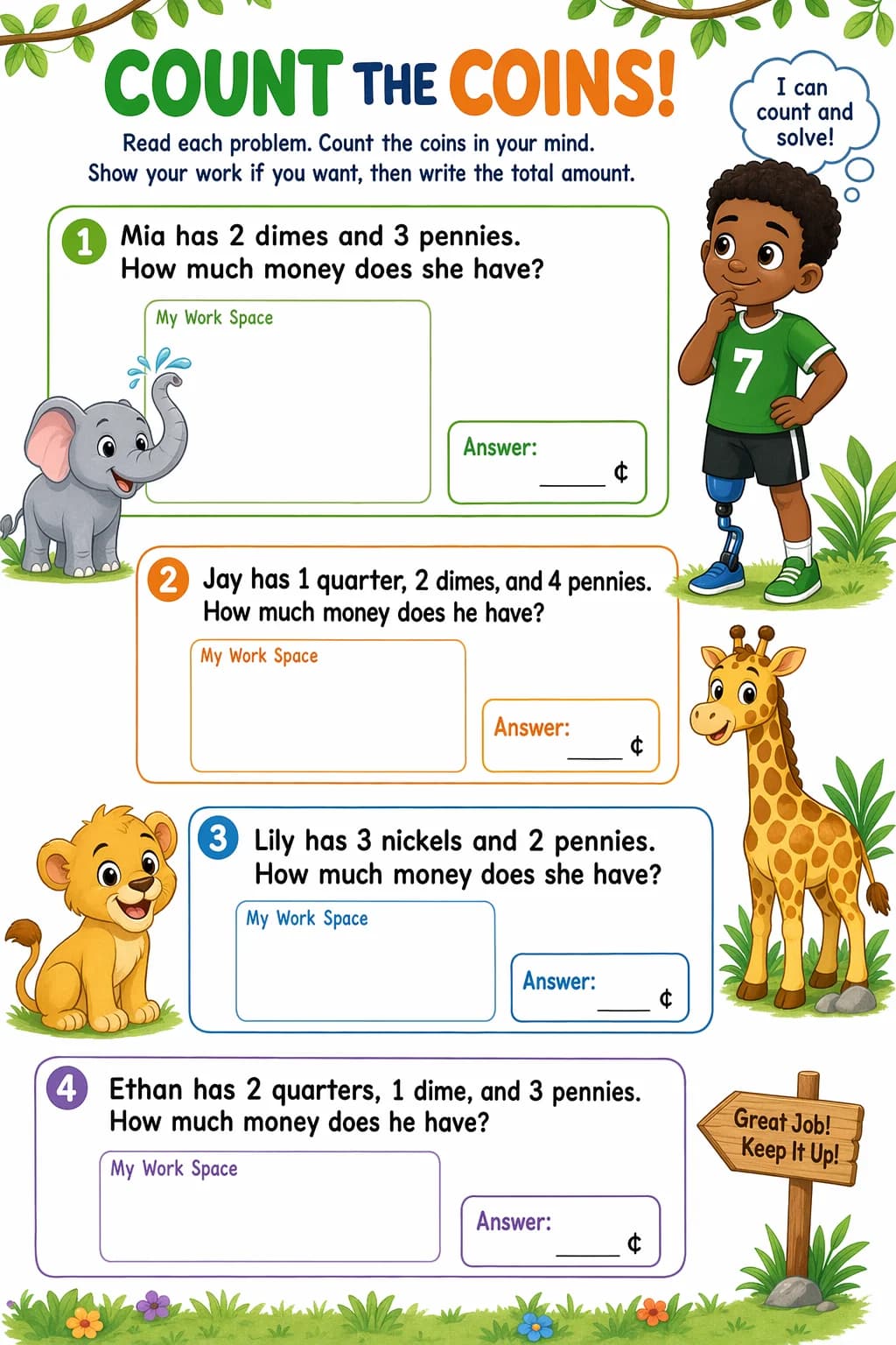 Money Worksheet — zoo animals — free 2nd Grade worksheet