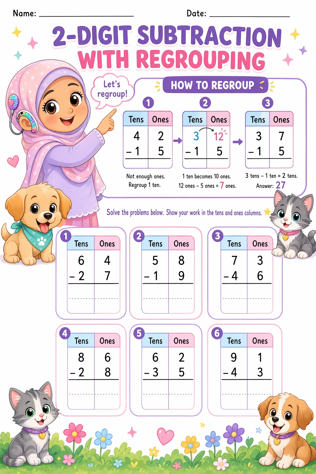 Subtraction Worksheet — pets — free 2nd Grade worksheet